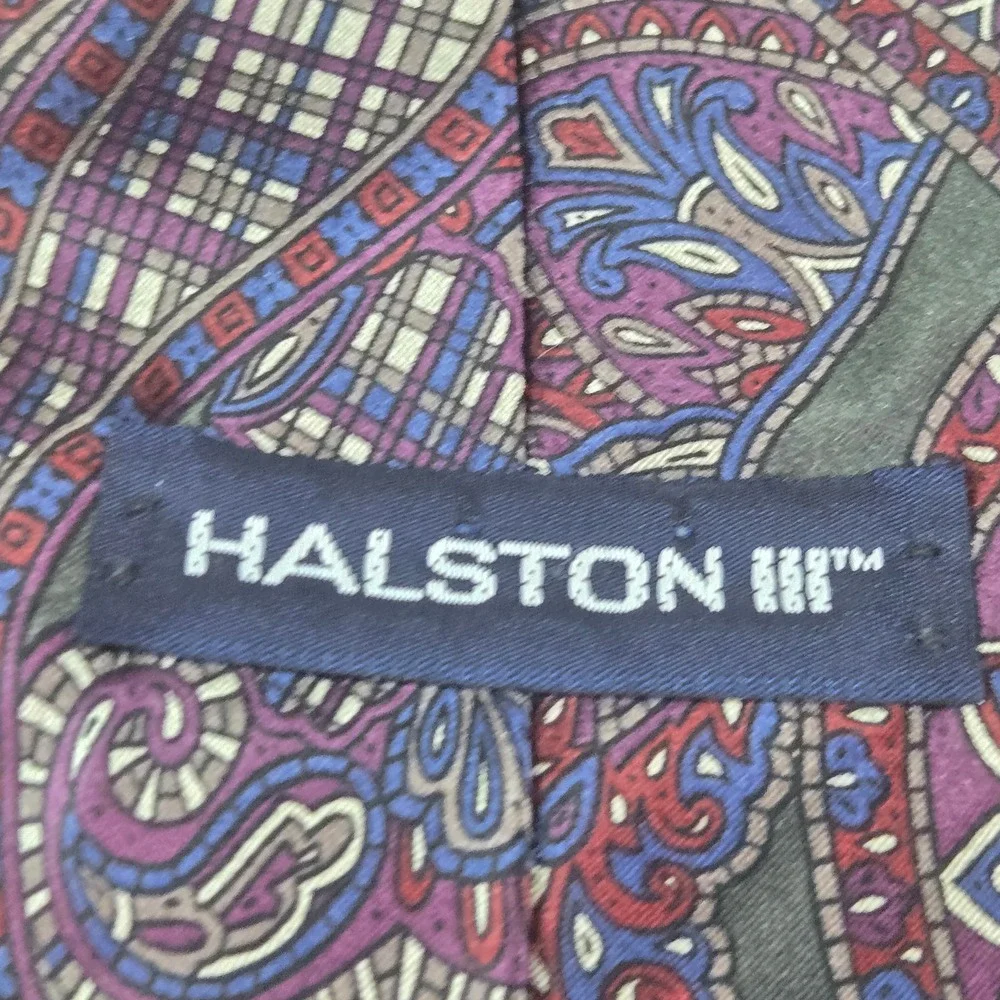 Halston III Mens Green Burgundy Blue Paisley Silk Blend Classic Necktie